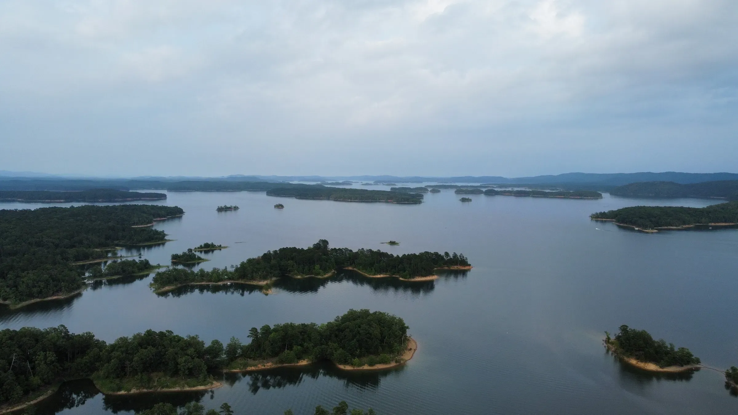 Overcast sky over Lake Ouachita's scattered wooded islands