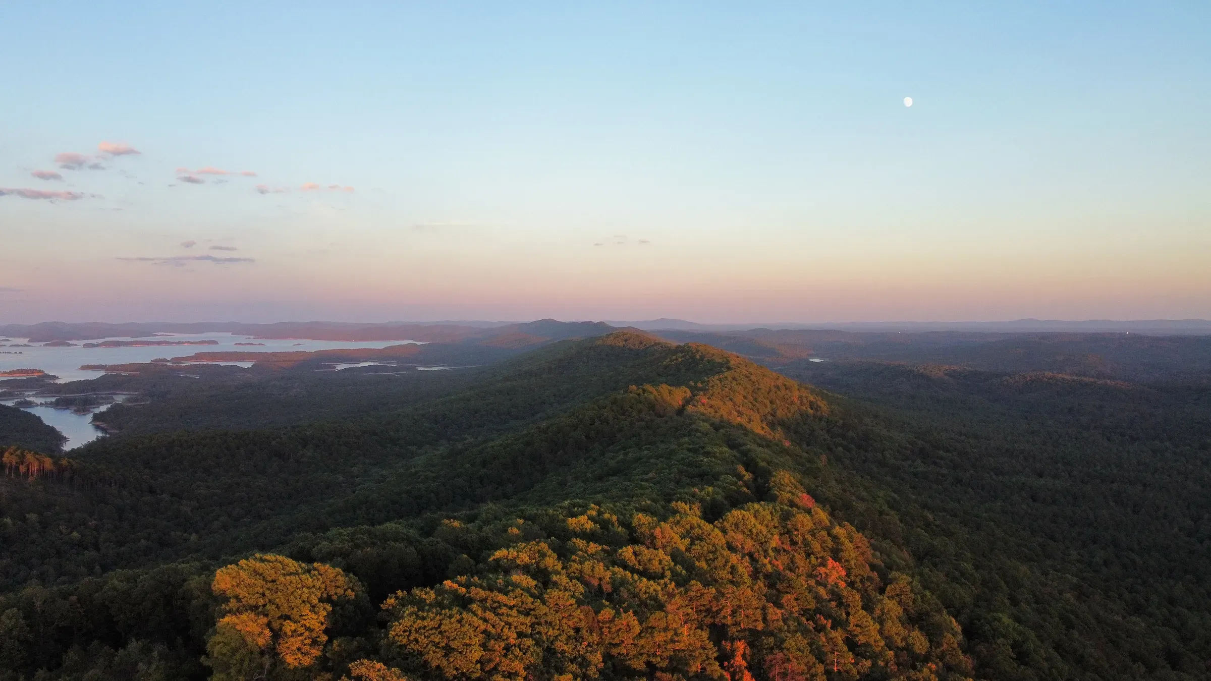 Sunset light on a forested ridge above Lake Ouachita
